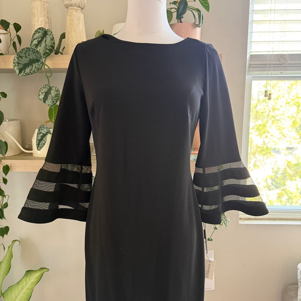 NWT Calvin Klein Black Bell Sleeve Sheer Stripe Sheath Midi Dress 6 Cocktail - Picture 4 of 10